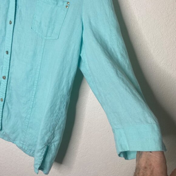 JM Collection Linen Top Womens Size 14 Teel Button Up 3/4 Sleeves Studded Pocket - Picture 7 of 14